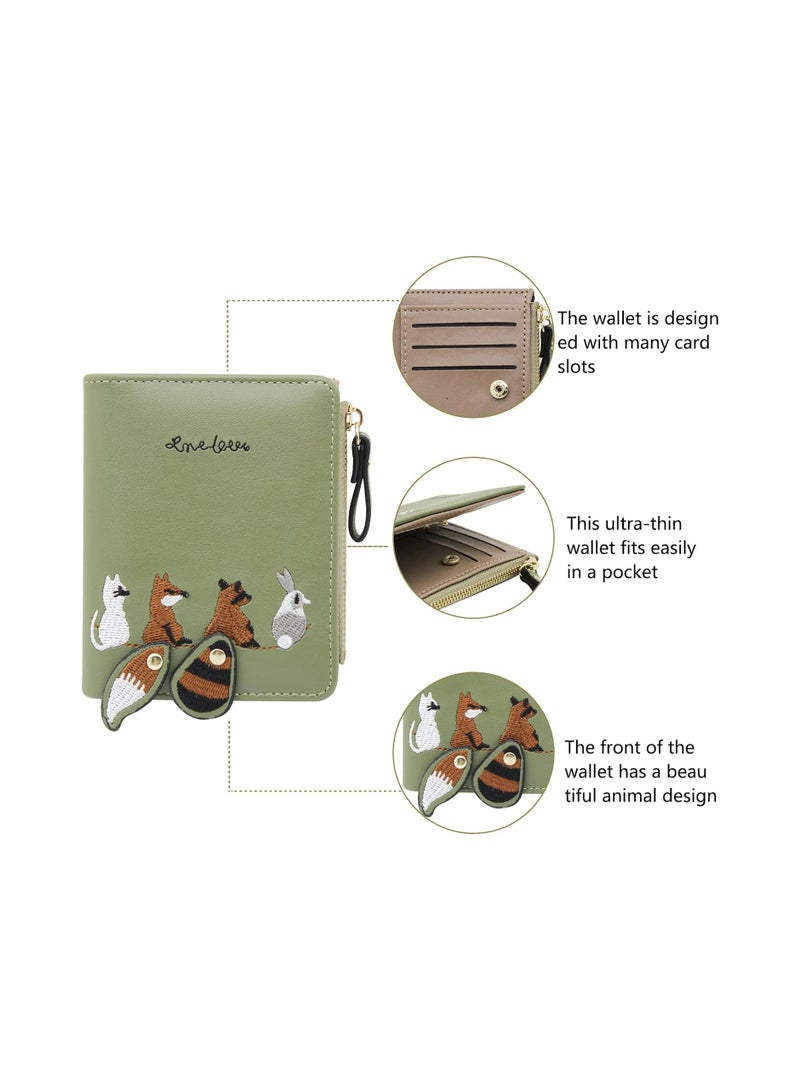 SOLARAE Cute Embroidery Wallets for Women, Leather RFID Blocking Small Bifold Wallet with Zipper Coin Purse, Portable and Small Wallets with Embroidered Animal Pattern, Green - Image 2