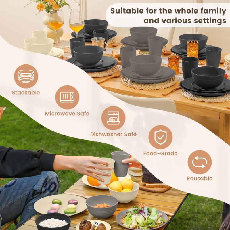 Homienly Kitchen Wheat Straw Dinnerware Set 40 PCS - Dinner Plates, Cereal Bowls, Wheat Straw Cups Set, Microwave and Dishwasher Safe Dishes Set, Unbreakable Dish Set for Party, Outdoor(Grey Stone) - Image 5