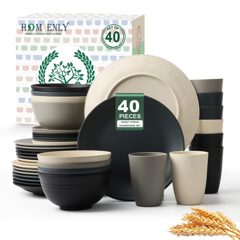 Homienly Kitchen Wheat Straw Dinnerware Set 40 PCS - Dinner Plates, Cereal Bowls, Wheat Straw Cups Set, Microwave and Dishwasher Safe Dishes Set, Unbreakable Dish Set for Party, Outdoor(Grey Stone) - Image 1
