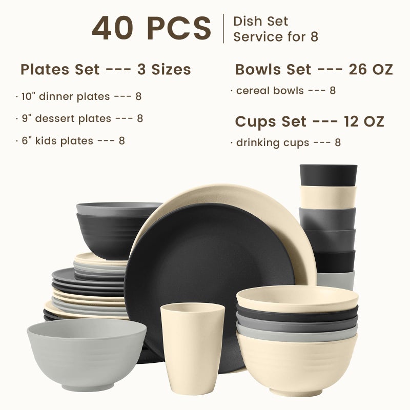 Homienly Kitchen Wheat Straw Dinnerware Set 40 PCS - Dinner Plates, Cereal Bowls, Wheat Straw Cups Set, Microwave and Dishwasher Safe Dishes Set, Unbreakable Dish Set for Party, Outdoor(Grey Stone) - Image 2