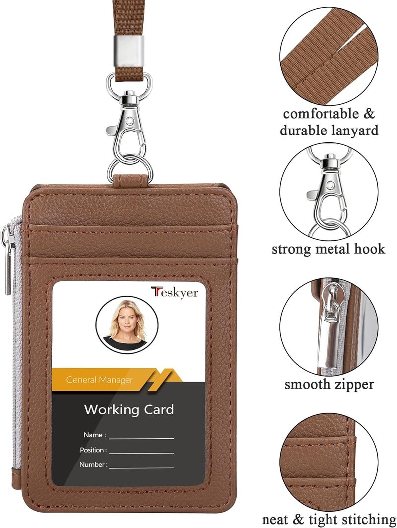 Teskyer Badge Holder with Side Zip Pocket, Multiple Card Slots Leather ID Holder Wallet with Neck Lanyard for Office Staffs, Teachers/Students, Workers, Cruise Cards, Bus/Metro Cards, Lichee Coffee - Image 2