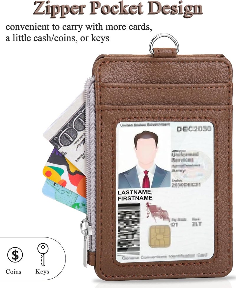 Teskyer Badge Holder with Side Zip Pocket, Multiple Card Slots Leather ID Holder Wallet with Neck Lanyard for Office Staffs, Teachers/Students, Workers, Cruise Cards, Bus/Metro Cards, Lichee Coffee - Image 5