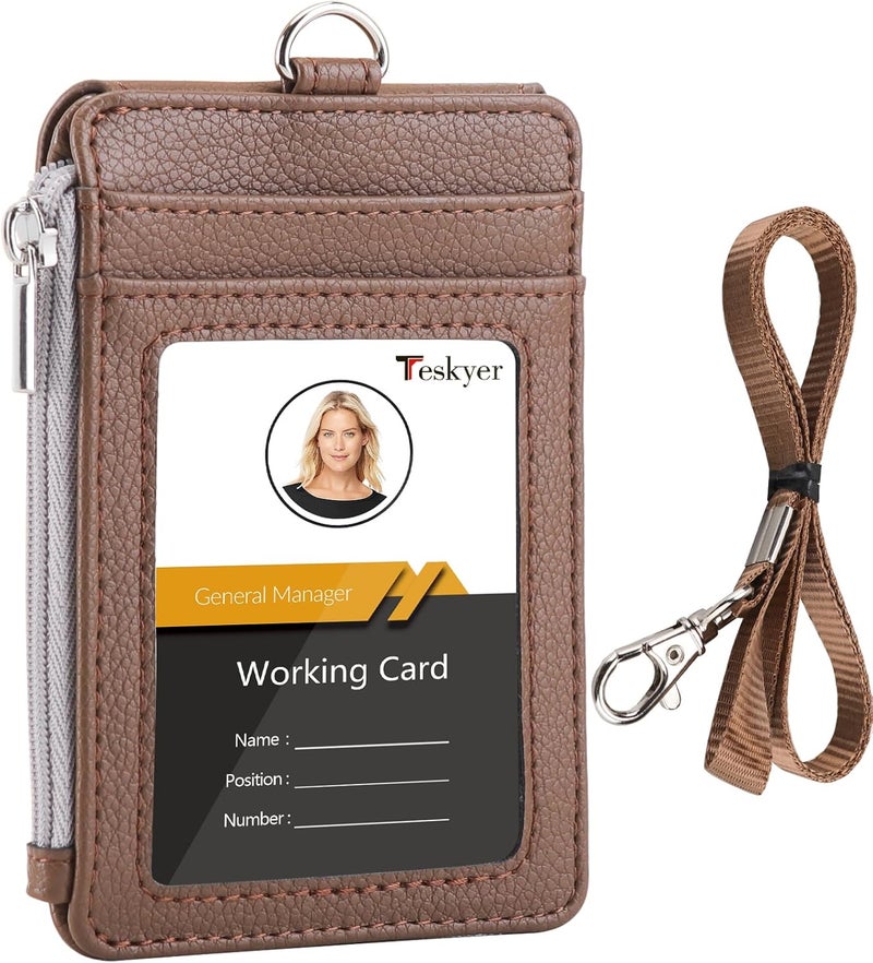 Teskyer Badge Holder with Side Zip Pocket, Multiple Card Slots Leather ID Holder Wallet with Neck Lanyard for Office Staffs, Teachers/Students, Workers, Cruise Cards, Bus/Metro Cards, Lichee Coffee - Image 1