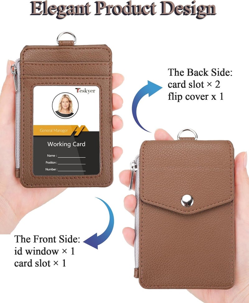 Teskyer Badge Holder with Side Zip Pocket, Multiple Card Slots Leather ID Holder Wallet with Neck Lanyard for Office Staffs, Teachers/Students, Workers, Cruise Cards, Bus/Metro Cards, Lichee Coffee - Image 3