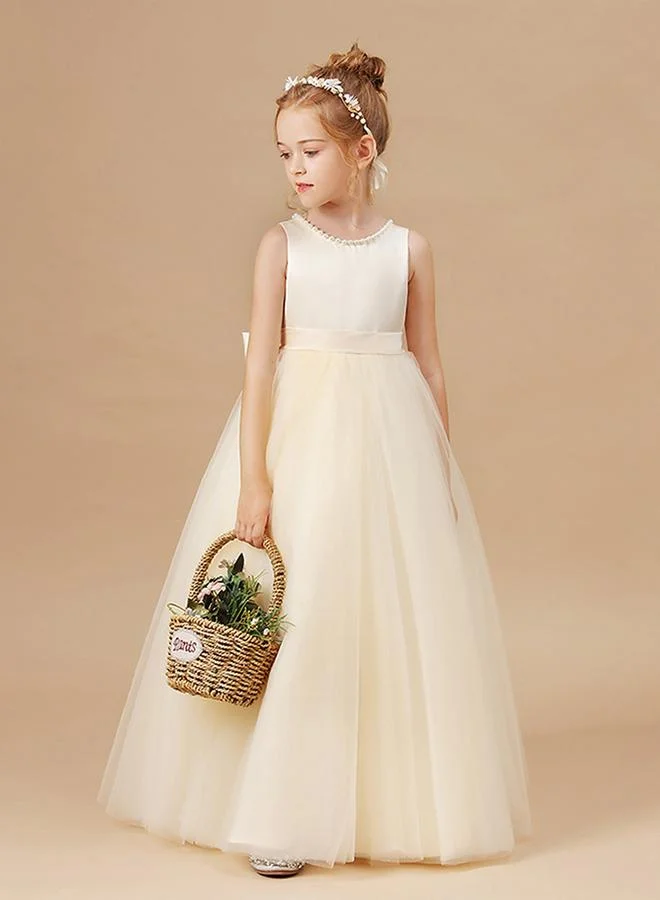 Styli Styli Girls Beige Pearl Decor Deep V-Back Party Dress
