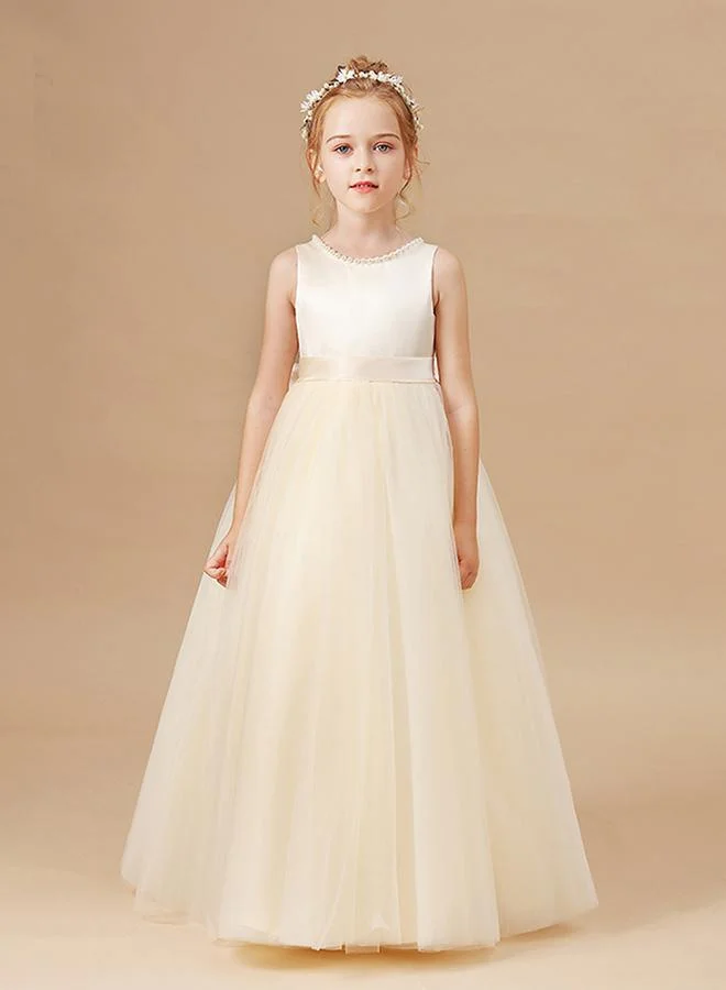 Styli Styli Girls Beige Pearl Decor Deep V-Back Party Dress