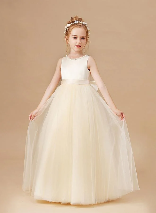 Take Two Take Two Girls Beige Pearl Decor Deep V-Back Party Dress