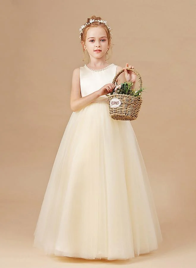 Take Two Take Two Girls Beige Pearl Decor Deep V-Back Party Dress