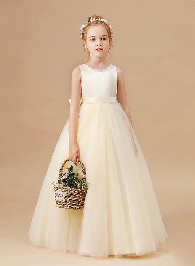 Styli Styli Girls Beige Pearl Decor Deep V-Back Party Dress