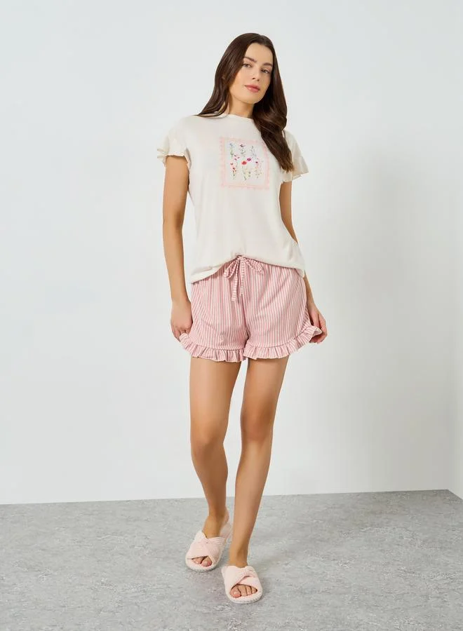 ستايلي مجموعة من شورت بكشكش وتيشيرت بطبعة زهور وأكمام بكشكش