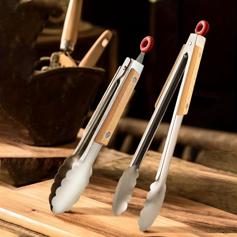 1pc Red 9 Inch Heavy Duty Stainless Steel Kitchen Tongs With Ergonomic Wooden Handle High Heat Resistant Up To 500 Fahrenheit For Grilling Serving Oven Salad And Ice Cubes - Image 4