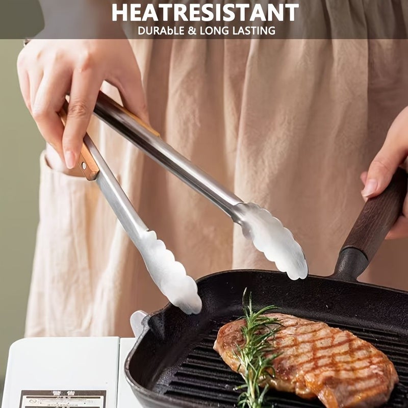 1pc Red 9 Inch Heavy Duty Stainless Steel Kitchen Tongs With Ergonomic Wooden Handle High Heat Resistant Up To 500 Fahrenheit For Grilling Serving Oven Salad And Ice Cubes - Image 5