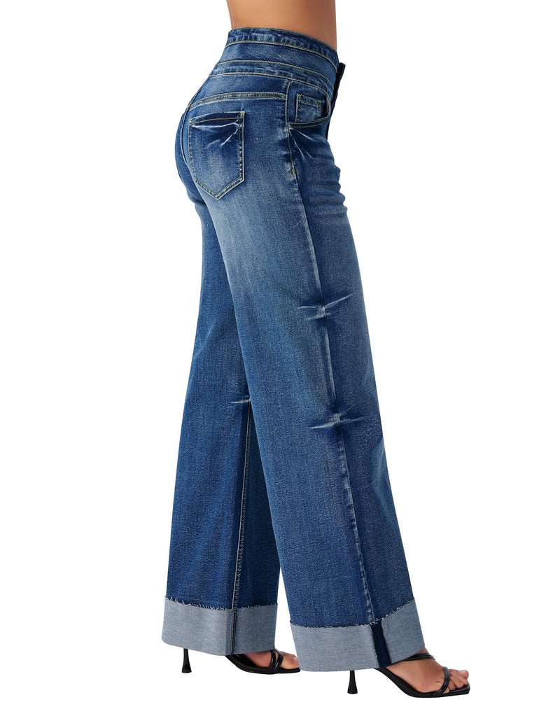 roswear Women's High Waisted Stretchy Wide Leg Jeans Cuffed Baggy Jeans Loose Denim Pants Blue Medium - Image 2