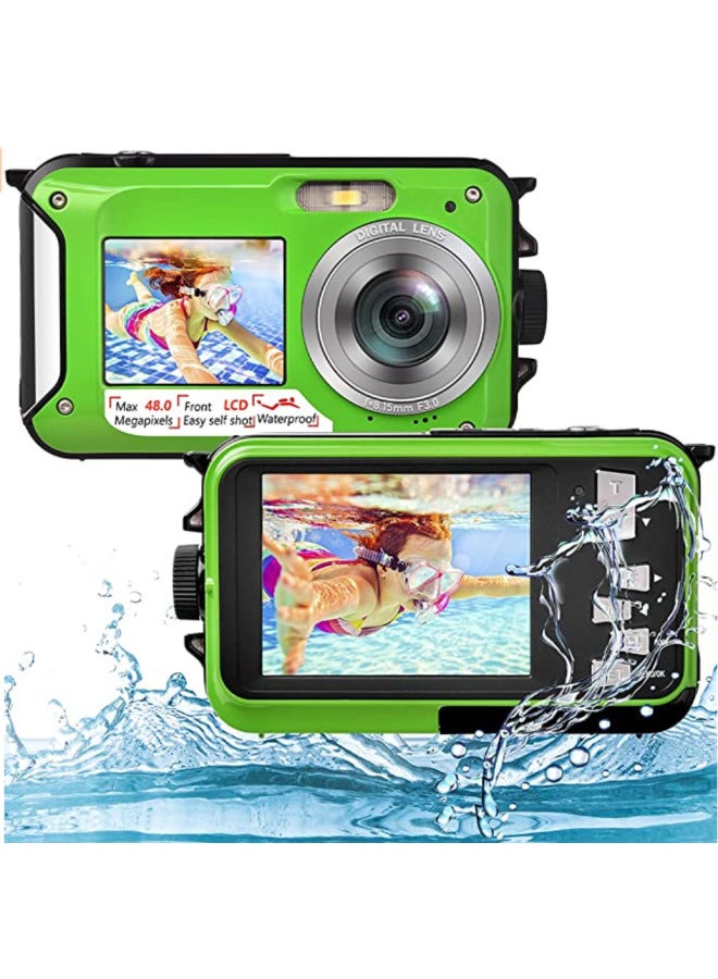 Foreign Single English Underwater Camera Full HD 2.7K 48MP Waterproof Snorkeling Dual Screen Waterproof Camera Digital-Color:Standard Green English