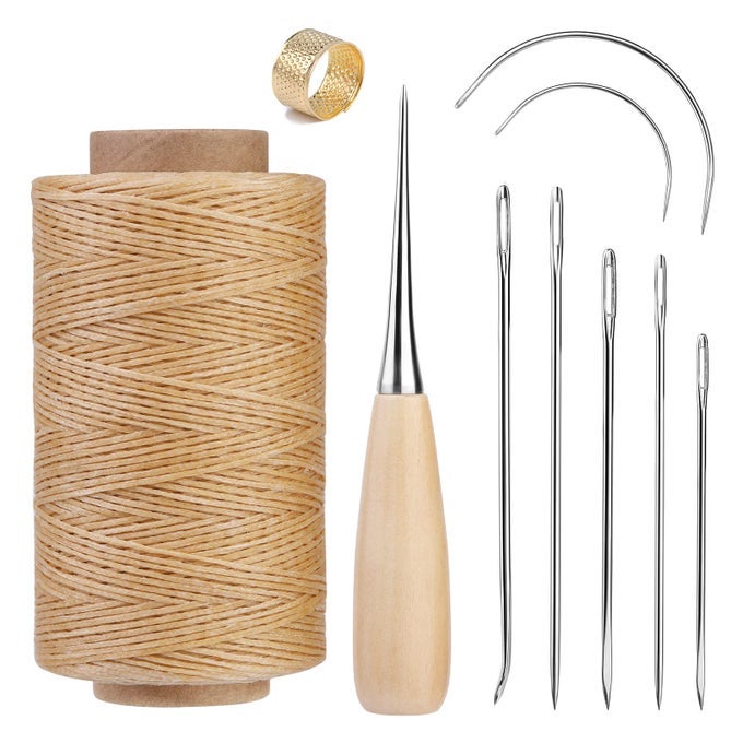 273 YARDS UPHOLSTERY REPAIR WAXED THREAD KIT LEATHER SEWING KIT INCLUDING NEEDLE AWL THIMBLE FOR CARPET SOFA SHOE AND NATURAL COLOR