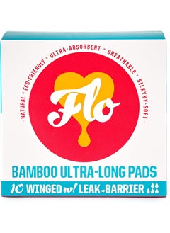 FLO FLO Organic Bamboo Period Pads for Women, Biodegradable and Ultra-Thin with Wings, 10 Ultra Long (10 Count) 
