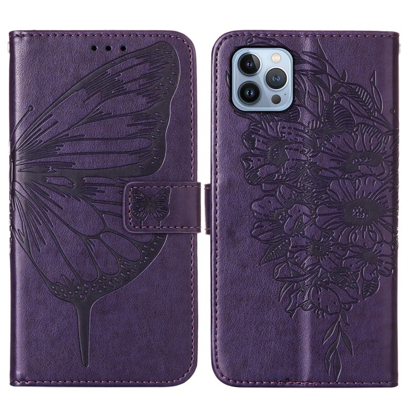 BURAQ Case Cover For iPhone 15 Pro Embossed Butterfly Leather Phone Case(Dark Purple) - Image 2