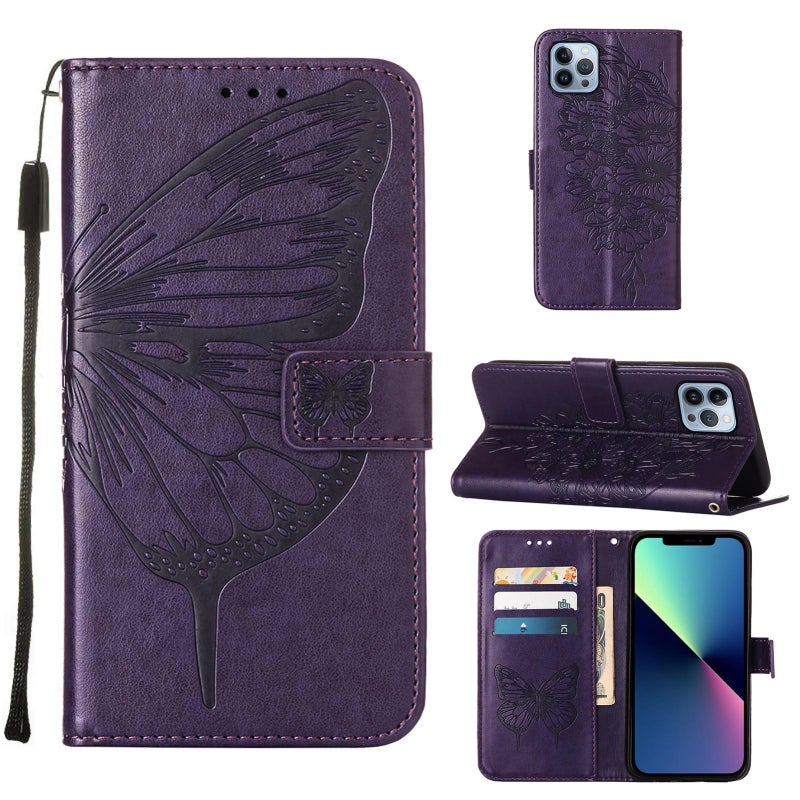 BURAQ Case Cover For iPhone 15 Pro Embossed Butterfly Leather Phone Case(Dark Purple) - Image 1