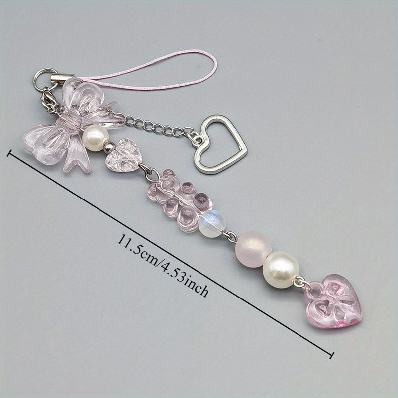 Cute Little Bear Mobile Phone Pendant With Heart Butterfly Chain Anti Lost Lanyard Keychain - Image 3