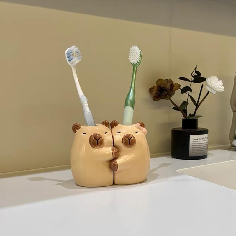 Tuioyoc Ceramic Toothbrush Holder for Bathroom, Set of 2 Cute Capybara Shape Tooth Brush Holders Pencil Holder for Bathroom Countertop Home Office Table Decor - Image 4