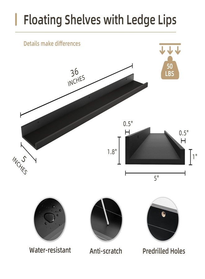 Acovy Picture Ledge Shelf, MDF Wood Floating Shelves Set of 2, Picture Ledge Photo Ledge Wall Mounted for Living Room Kids' Room Bedroom, Color Black (Black, 36") - Image 4