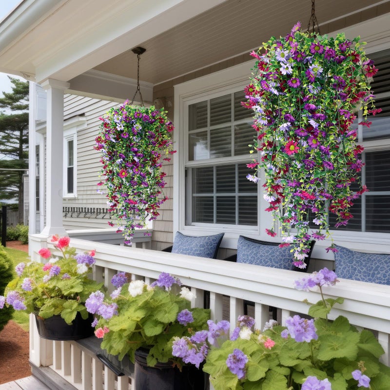 FineCheer 6 Pcs Spring Artificial Hanging Flowers Outdoor Faux Silk Mum Plant Decor Violet with Eucalyptus Realistic UV Resistant Trailing Vine Spring Porch Yard(Elegant Color,Chamomile) - Image 4