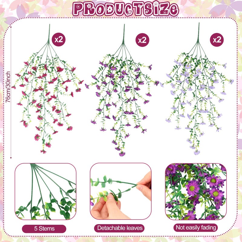 FineCheer 6 Pcs Spring Artificial Hanging Flowers Outdoor Faux Silk Mum Plant Decor Violet with Eucalyptus Realistic UV Resistant Trailing Vine Spring Porch Yard(Elegant Color,Chamomile) - Image 3