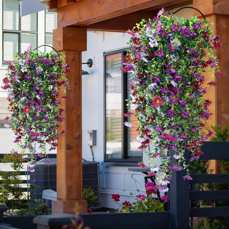 FineCheer 6 Pcs Spring Artificial Hanging Flowers Outdoor Faux Silk Mum Plant Decor Violet with Eucalyptus Realistic UV Resistant Trailing Vine Spring Porch Yard(Elegant Color,Chamomile) - Image 5