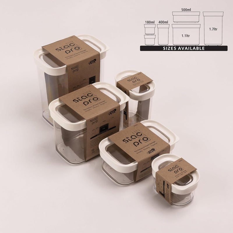 StacPro Airtight Kitchen Containers 1100 ML BPA Free Stackable Jar Modular Storage Pantry Organiser Fridge Dishwasher Safe Stain Resistant Clear Transparent lid White Pack of 4 - Image 2