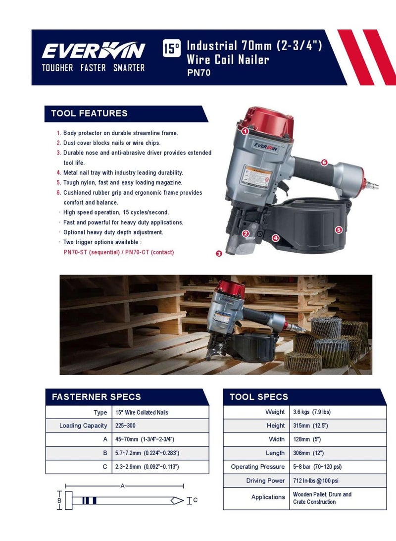 Everwin Pneumatic Coil Nailer 70mm PN70 - Image 5