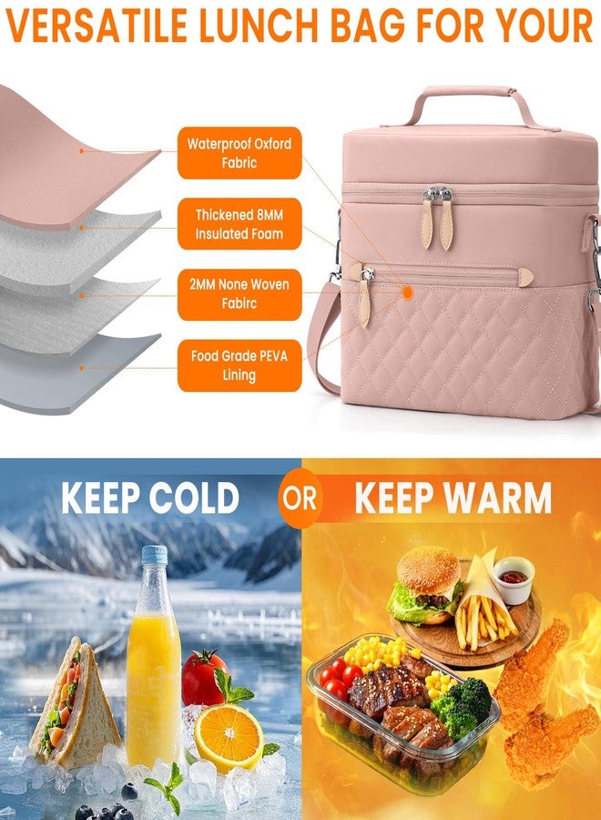 Tenot Insulated Lunch Box for Women Reusable, Leak Proof Cooler Lunch Bag Women for Work Stylish Quilted Lunch Tote Bag for Adult Picnic Travel Hiking Pink - Image 2