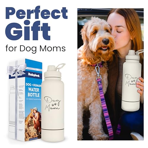 rubyloo Dog Mom Water Bottle - 32 oz Stainless Steel Double Wall Insulated with 8 oz Detachable Bowl on Bottom - Cool Dog Mom Gifts for Women for Christmas, Birthdays or Gift from The Doggy - DM Cream - Image 5