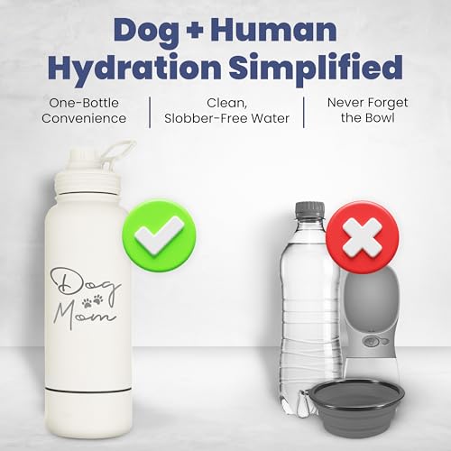 rubyloo Dog Mom Water Bottle - 32 oz Stainless Steel Double Wall Insulated with 8 oz Detachable Bowl on Bottom - Cool Dog Mom Gifts for Women for Christmas, Birthdays or Gift from The Doggy - DM Cream - Image 2