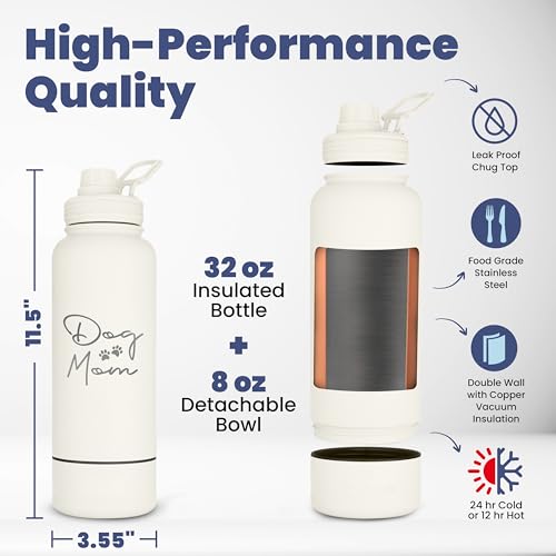 rubyloo Dog Mom Water Bottle - 32 oz Stainless Steel Double Wall Insulated with 8 oz Detachable Bowl on Bottom - Cool Dog Mom Gifts for Women for Christmas, Birthdays or Gift from The Doggy - DM Cream - Image 4
