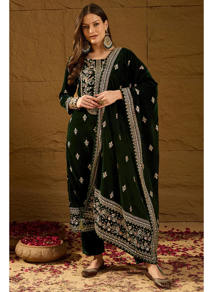 زيري سوق Green Velvet Ethnic Motifs Printed 3-Piece Suit Set