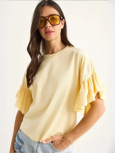 Bianco Lucci LUCCI Ruffle Detail Crew Neck T-Shirt