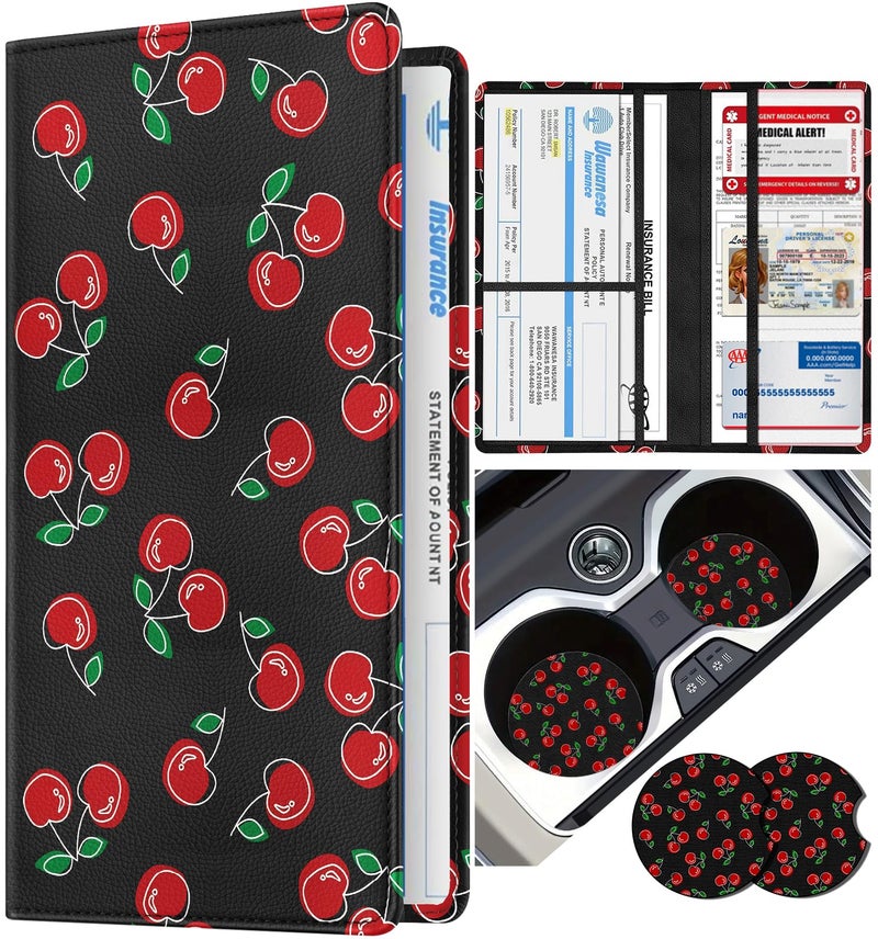 Slohif Car Registration and Insurance Card Holder with Magnetic Shut - Vehicle Glove Box Organizer Women Leather Automobile License Holders Coasters Auto Accessories Case for Document,Cherry - Image 1