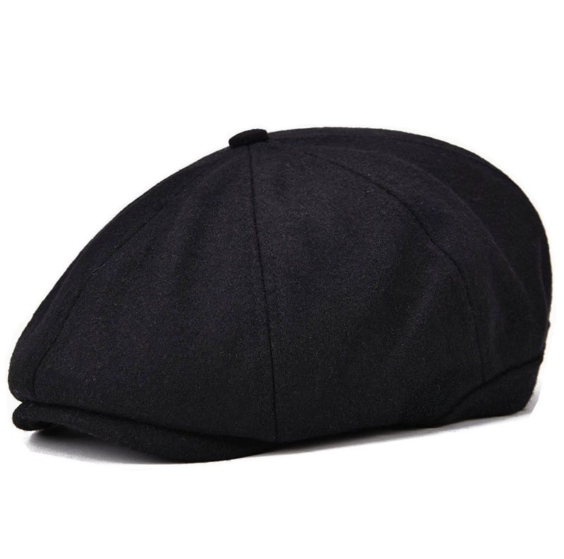 VOBOOM Men Wool Blend 8 Panel Newsboy Cap Herringbone Cabbie Flat Tweed Hat (Black) - Image 1