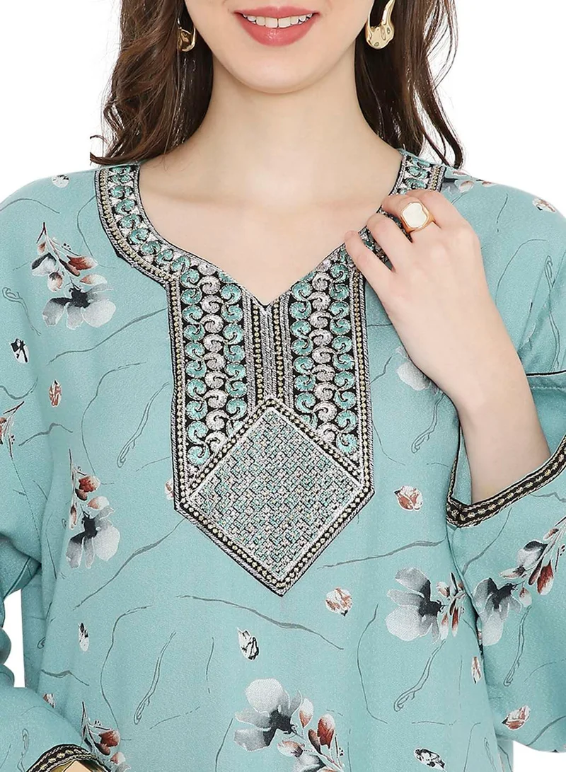 HANA & SARA FLORAL PRINTED WITH SMALL STONE WORK ON EMBROIDERY STYLISH FARASHA KAFTAN JALABIYA DRESSES