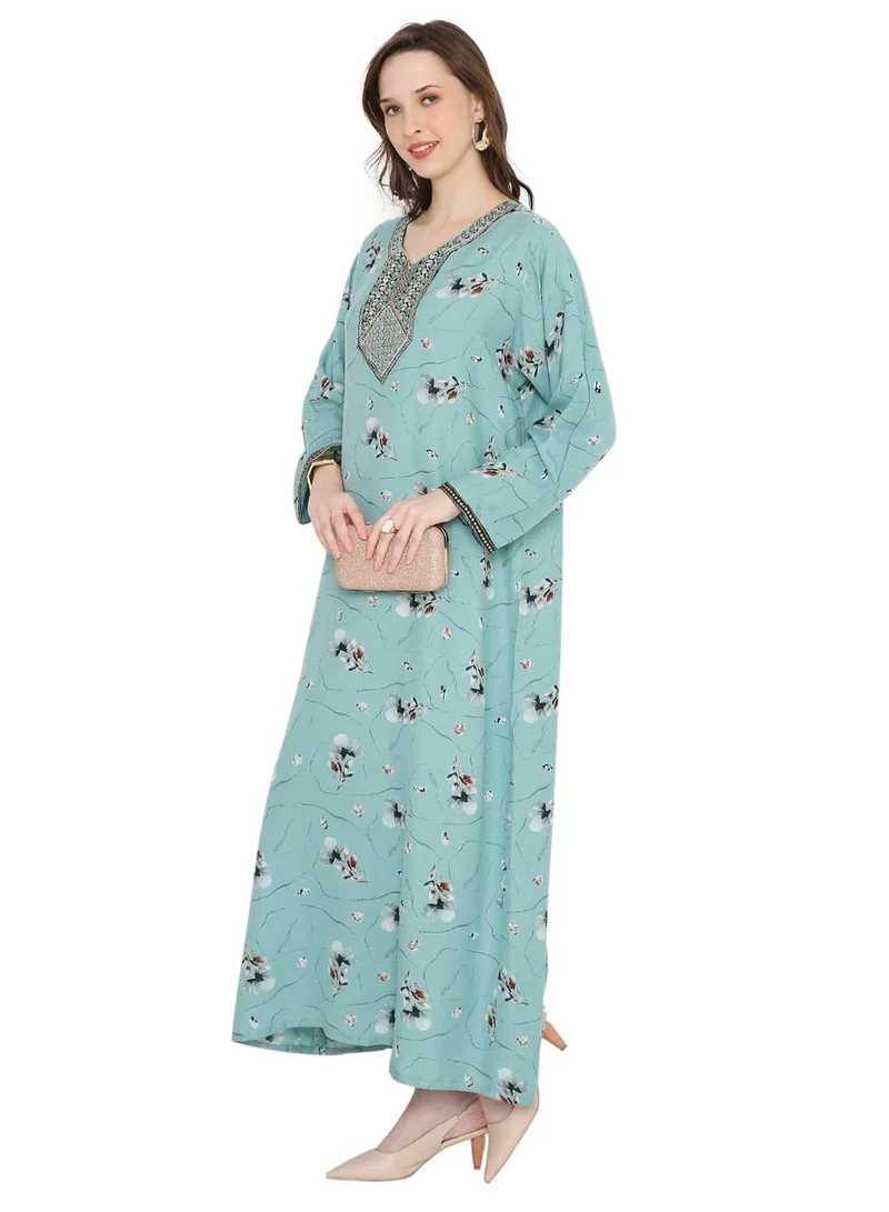 HANA & SARA FLORAL PRINTED WITH SMALL STONE WORK ON EMBROIDERY STYLISH FARASHA KAFTAN JALABIYA DRESSES