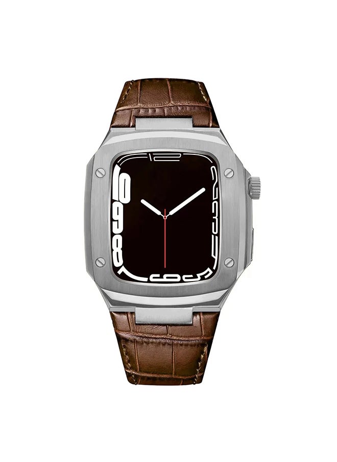 O Ozone Stainless Steel Case with Genuine Leather Watch Band For Apple Watch 44mm 45mm, Luxury Metal Protective Bumper Cover for Men- Brown  - Image 1