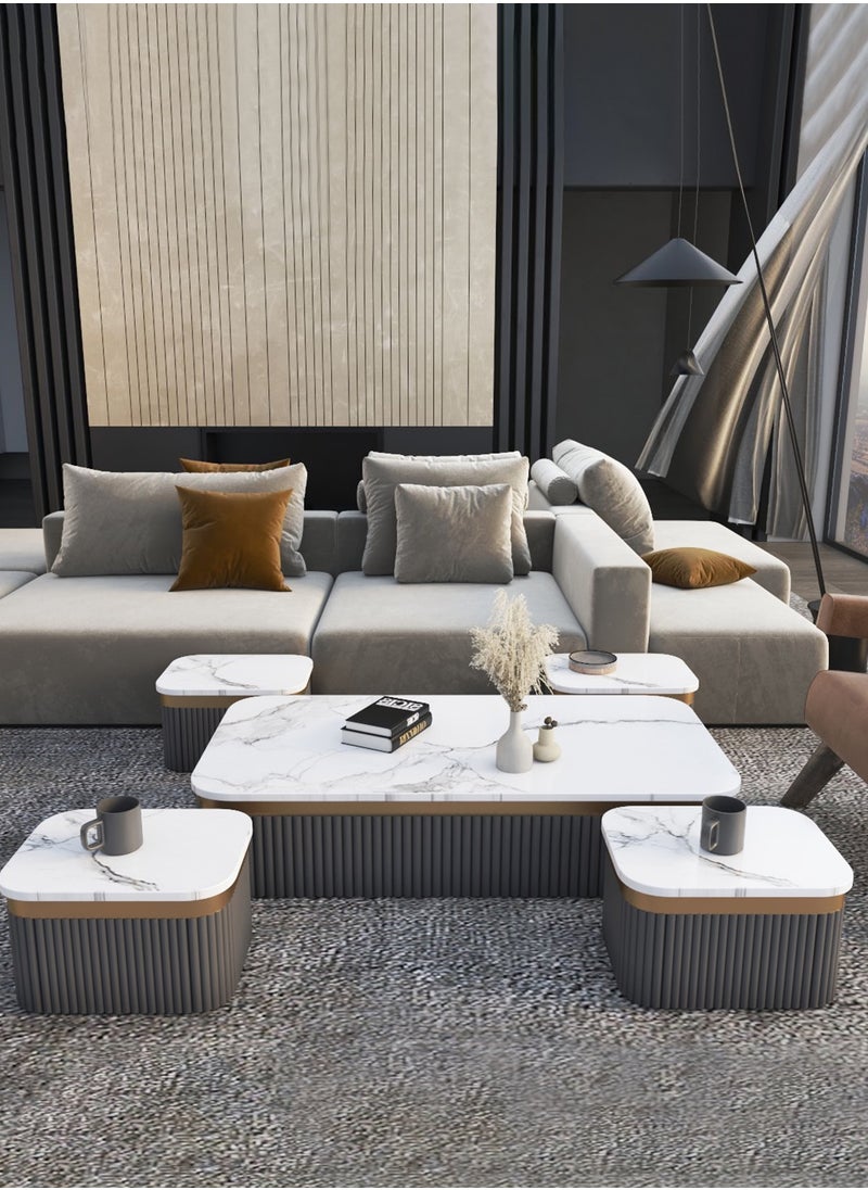 Luxury Coffee Table Set – 5 Pieces, Dark Gray with Gold Accents, Modern Square Design with Rounded Edges, Main Table (122 cm length × 60 cm width × 27 cm height), Side Tables (40 cm length × 30 cm width × 27 cm height). - pzsku/ZC6D16E5EABFDD105F434Z/45/_/1738546614/17646755-5349-45ab-adab-a893eadf549e