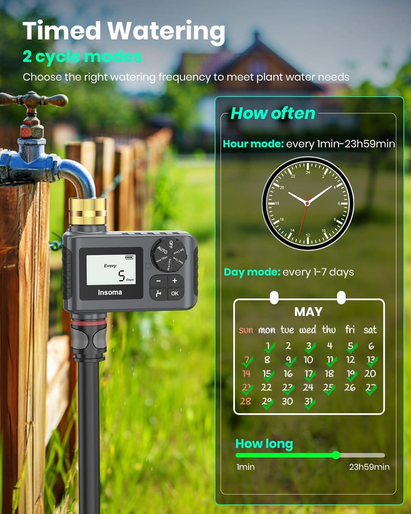 Insoma Sprinkler Timer with Brass Swivel, Programmable Water Timer for Outdoor Garden Hose, Hose Timers with Rain Delay/Manual/Auto Mode, Drip Irrigation and Lawn Watering System, 1 Outlet - Image 3