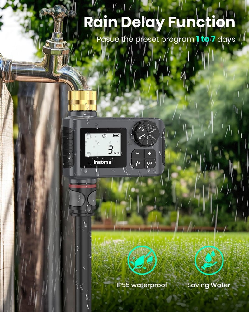 Insoma Sprinkler Timer with Brass Swivel, Programmable Water Timer for Outdoor Garden Hose, Hose Timers with Rain Delay/Manual/Auto Mode, Drip Irrigation and Lawn Watering System, 1 Outlet - Image 5