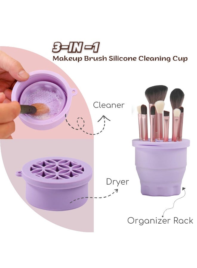 SIXHANS 3-IN-1 Silicone Makeup Brush Cleaner & Holder - Portable Folding Washing Tool,Travel-Friendly Brush Cleaner Mat for Brushes,Sponge,Powder Puff - Cosmetic Brush Cleaning & Drying Organizer-Purple - Image 2