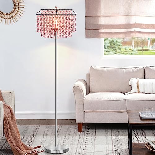 Luvkczc Pink Crystal Floor Lamp, 64" Tall Standing Lamps with Double-Layer Lampshade, Floor Lamps with On/Off Foot Switch, Elegant Floor Lamp for Living Room, Girl Bedroom, Dresser, Office - Image 5