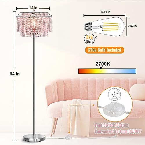 Luvkczc Pink Crystal Floor Lamp, 64" Tall Standing Lamps with Double-Layer Lampshade, Floor Lamps with On/Off Foot Switch, Elegant Floor Lamp for Living Room, Girl Bedroom, Dresser, Office - Image 4