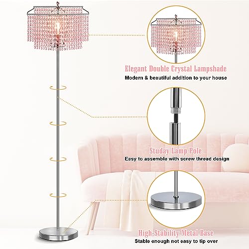 Luvkczc Pink Crystal Floor Lamp, 64" Tall Standing Lamps with Double-Layer Lampshade, Floor Lamps with On/Off Foot Switch, Elegant Floor Lamp for Living Room, Girl Bedroom, Dresser, Office - Image 3