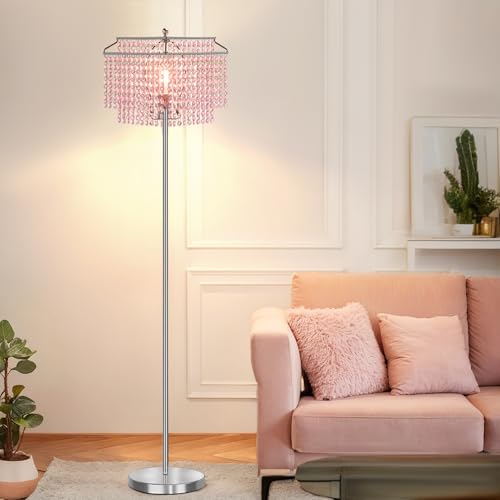 Luvkczc Pink Crystal Floor Lamp, 64" Tall Standing Lamps with Double-Layer Lampshade, Floor Lamps with On/Off Foot Switch, Elegant Floor Lamp for Living Room, Girl Bedroom, Dresser, Office - Image 1