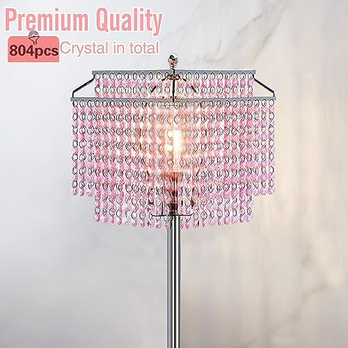 Luvkczc Pink Crystal Floor Lamp, 64" Tall Standing Lamps with Double-Layer Lampshade, Floor Lamps with On/Off Foot Switch, Elegant Floor Lamp for Living Room, Girl Bedroom, Dresser, Office - Image 2